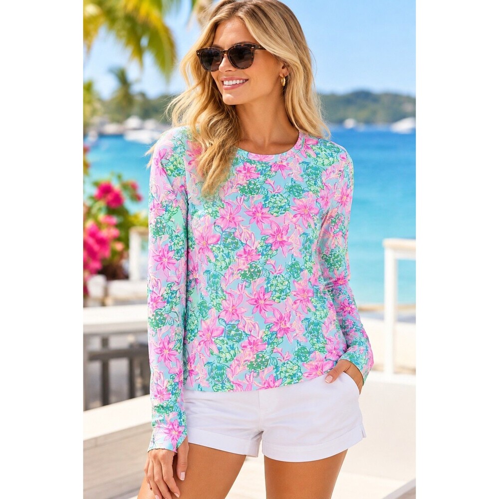 NWT Lilly Pulitzer Renay Sunguard UPF 50+ Top L Surf Blue So Shellegant Floral